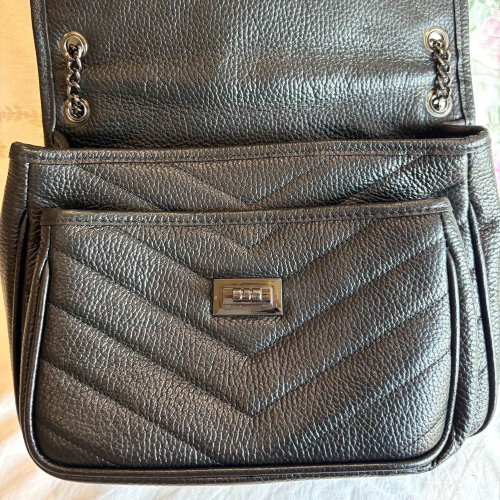 Anna Paola Black Leather Bag Crossbody or Shoulder, Adjustable Chain Strap - Picture 10 of 16